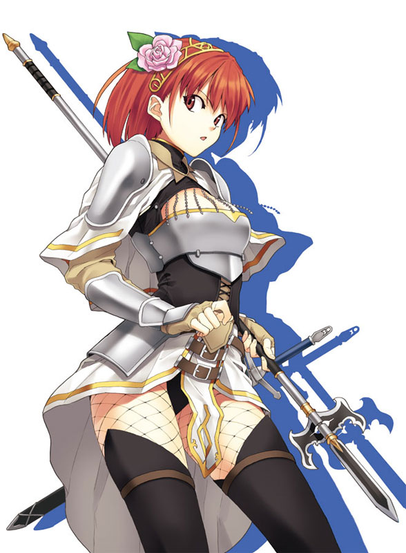 armor cecily_cambell cecily_campbell fingerless_gloves fishnets flower gloves hair_flower hair_ornament hairband knight polearm red_eyes red_hair redhead runa seiken_no_blacksmith short_hair solo spear sword thigh-highs thighhighs weapon