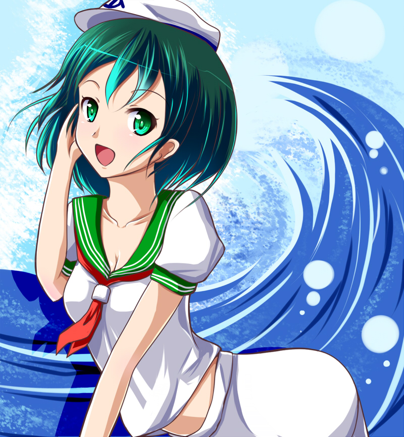 green_hair hat murasa_minamitsu open_mouth sailor sailor_hat sailor_suit sakura_ani smile solo syanayuuji touhou