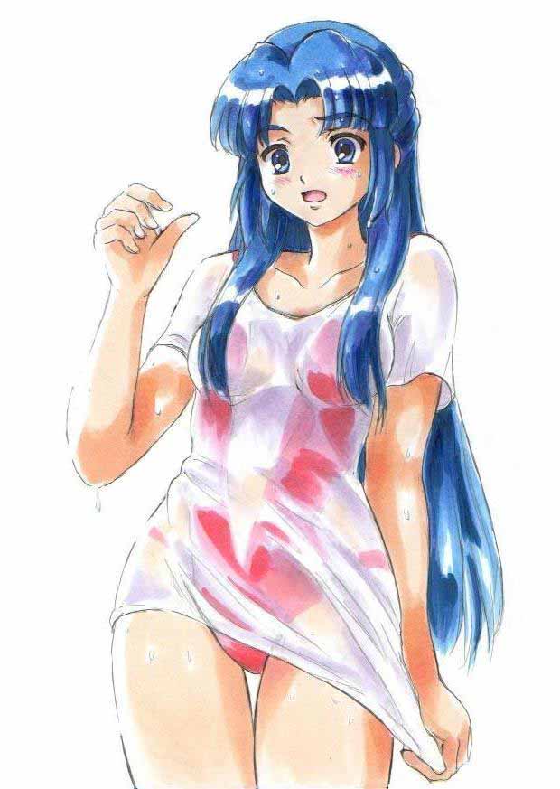 asakura_ryouko blue_eyes blue_hair fujita_(speedlimit) jpeg_artifacts long_hair suzumiya_haruhi_no_yuuutsu swimsuit wet wet_t-shirt
