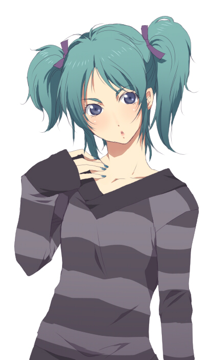 aqua_hair blue_eyes char's_counterattack gundam mellowd nail_polish quess_paraya short_twintails simple_background solo striped striped_sweater sweater twintails