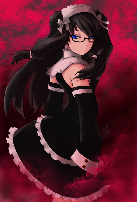 akenoin bad_id black_hair blue_eyes detached_sleeves glasses hyoudou_kiriko original solo