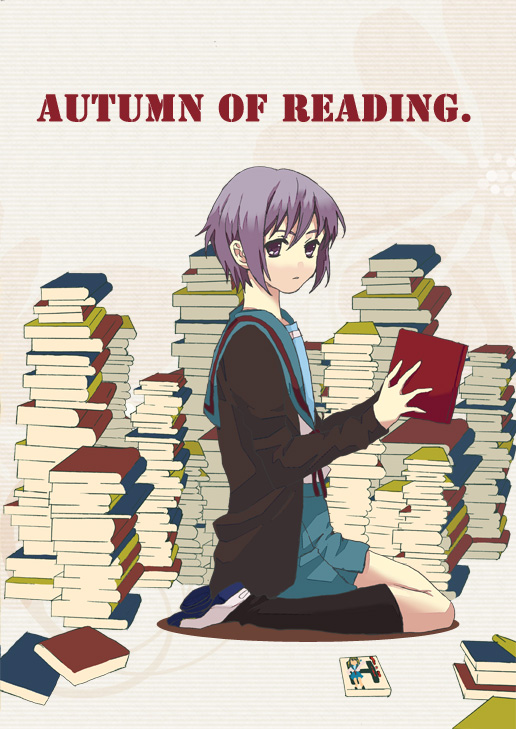 book cardigan kneeling nagato_yuki purple_eyes purple_hair reading school_uniform short_hair suzumiya_haruhi_no_yuuutsu uwabaki