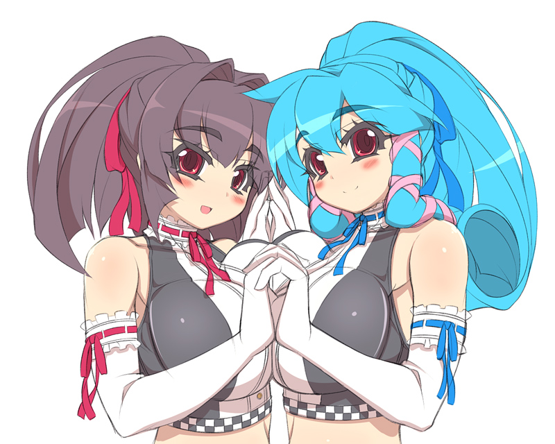 akatsuki_alut bare_shoulders blue_hair blush breast_press breasts brown_hair choker elbow_gloves frills glove gloves halter_top halterneck holding_hands huge_breasts mel/a melmaid midriff multiple_girls original payot ponytail race_queen red_eyes ribbon symmetrical_docking symmetrical_hand_pose