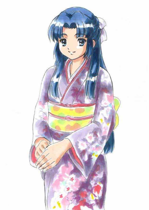 asakura_ryouko blue_eyes blue_hair fujita_(speedlimit) hair_bow japanese_clothes jpeg_artifacts kimono long_hair suzumiya_haruhi_no_yuuutsu