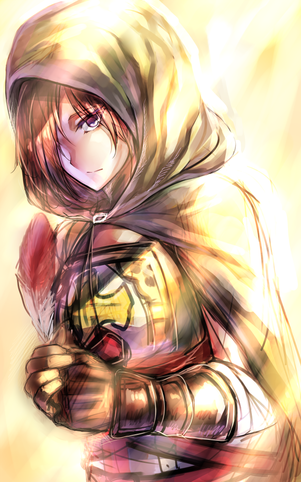 1girl auburn_hair brown_gloves dannrei3636 dark_souls_2 dress emerald_herald feathers gloves hair_over_one_eye hands_clasped hood hooded_cloak short_hair solo souls_(from_software) violet_eyes