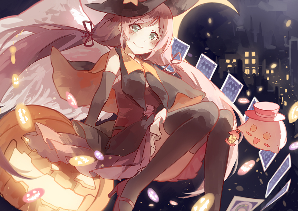 1girl arm_support asuka_(louyun) bare_shoulders black_clothes black_legwear blush_stickers capelet card city_lights crescent_moon elbow_gloves floating floating_card ghost gloves hat high_heels jack-o'-lantern long_hair looking_at_viewer love_live!_school_idol_project miniskirt moon pumpkin purple_hair skirt smile solo thigh-highs top_hat toujou_nozomi twintails witch_hat