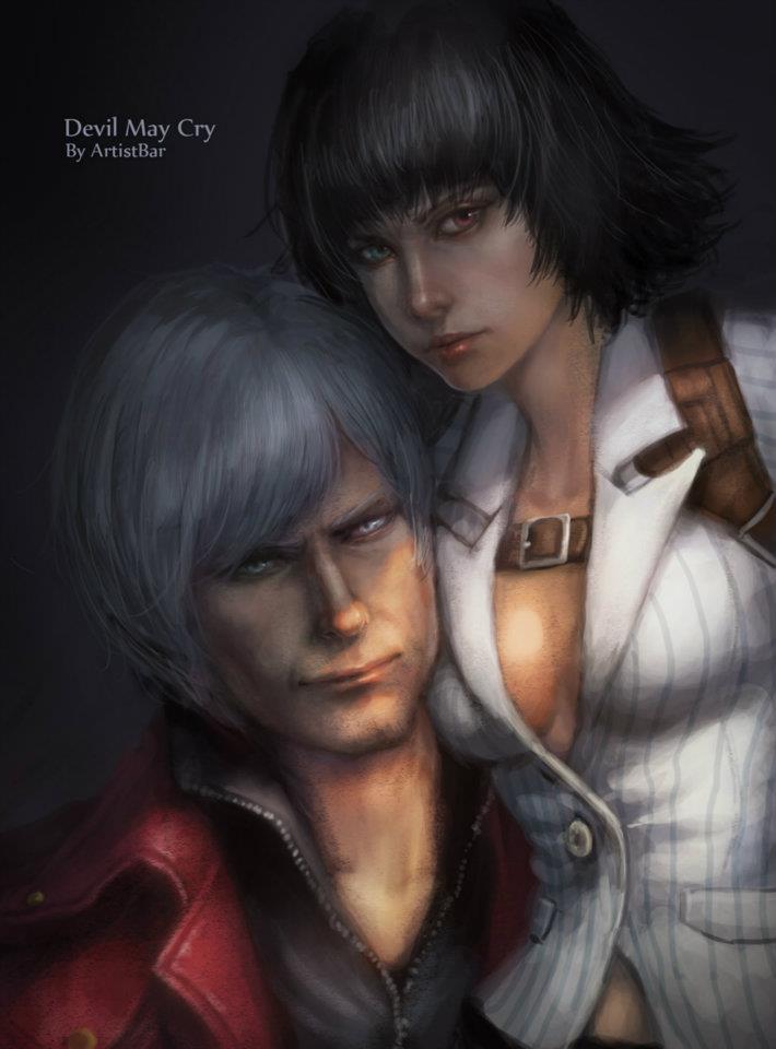 1boy 1girl armpit_holster black_hair breasts chen_yue dante devil_may_cry heterochromia holster lady nose realistic short_hair sideboob sitting sitting_on_person white_hair