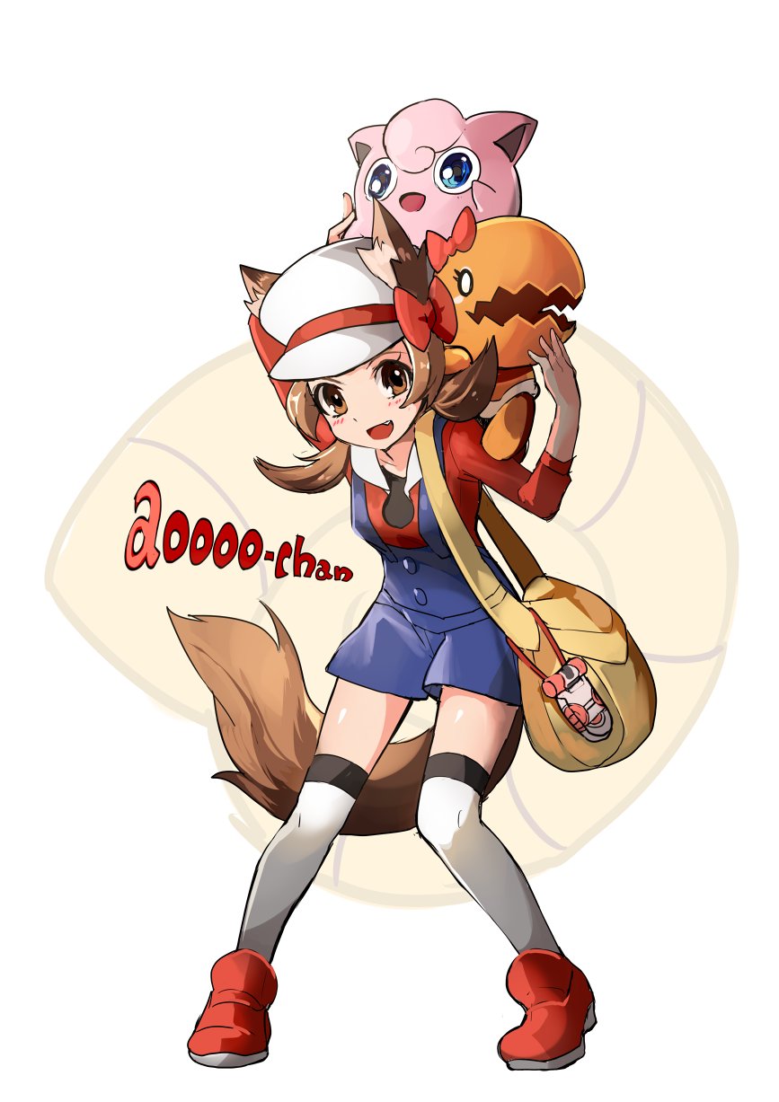 1girl animal_ears bag bangs blush bow brown_eyes brown_hair buttons character_name collarbone eyelashes fang hair_bow hat helix_fossil highres jigglypuff kotone_(pokemon) looking_at_viewer mizushirazu open_mouth payot pokemon pokemon_(creature) pokemon_(game) shadow shoes short_hair short_twintails smile tail thigh-highs trapinch twintails twitch_plays_pokemon wolf_ears wolf_tail zettai_ryouiki
