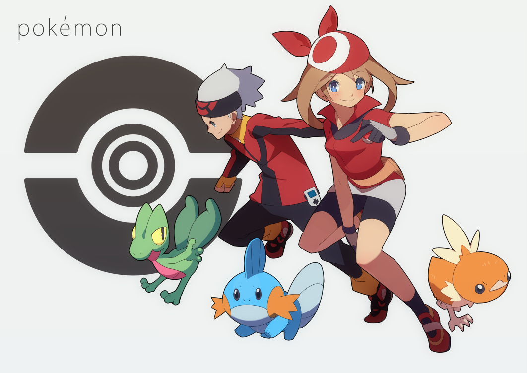 1boy 1girl bandana bike_shorts blue_eyes brown_hair copyright_name fanny_pack fingerless_gloves gloves hajime_(hajime-ill-1st) haruka_(pokemon) hat holding holding_poke_ball looking_at_viewer mudkip poke_ball poke_ball_print poke_ball_theme pokemon pokemon_(creature) pokemon_(game) pokemon_oras pokemon_rse short_hair smile torchic treecko yuuki_(pokemon)