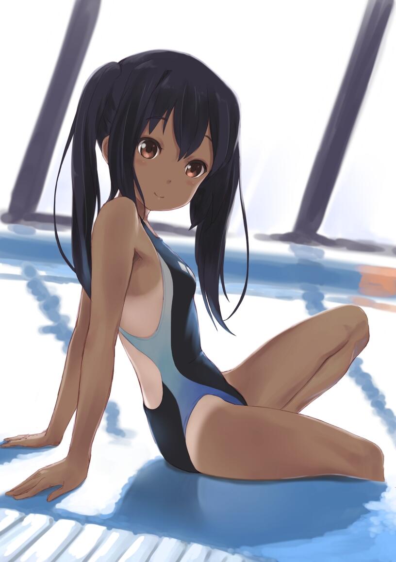 1girl black_hair blush brown_eyes competition_swimsuit k-on! long_hair looking_at_viewer nakano_azusa one-piece_swimsuit one-piece_tan sitting smile solo swimsuit tan tanline twintails wa_(genryusui)