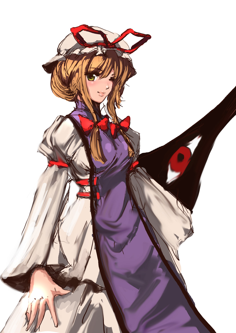 1girl arms_at_sides blonde_hair bow dress eyeball gap hair_bow hair_up hat hat_ribbon high_collar juliet_sleeves light_smile lips long_sleeves looking_at_viewer mob_cap one_eye_closed payot puffy_sleeves ribbon rough s20k00y simple_background solo tabard touhou white_background wink yakumo_yukari yellow_eyes