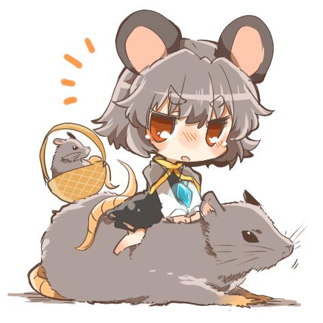 1girl animal_ears basket blush chibi crystal grey_hair jewelry lowres mouse mouse_ears mouse_tail nazrin open_mouth pendant rebecca_(keinelove) red_eyes riding short_hair tail touhou