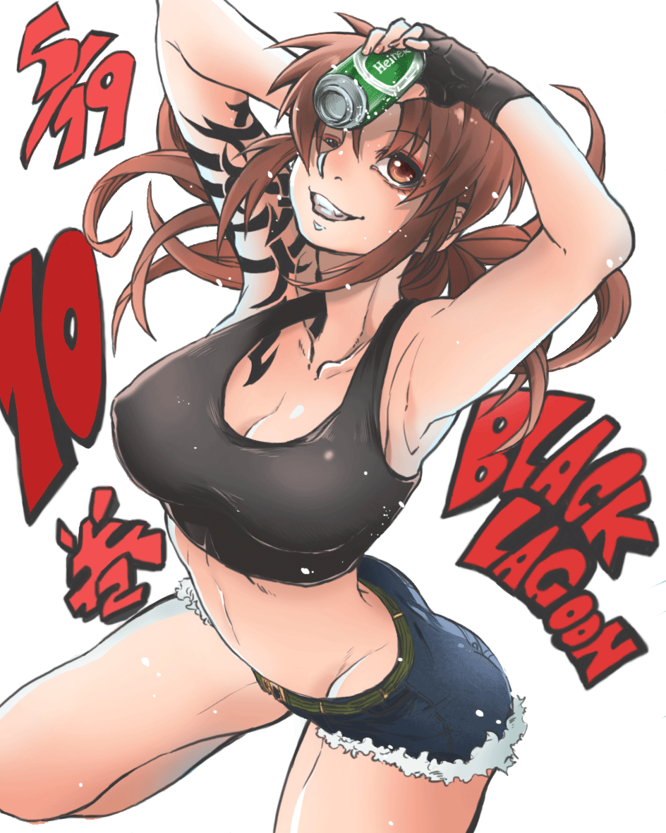 1girl beer_can black_lagoon breasts brown_eyes brown_hair cleavage denim denim_shorts fingerless_gloves gloves grin large_breasts long_hair midriff one_eye_closed ponytail revy shorts smile solo tank_top tattoo wafu_(wkn0411)