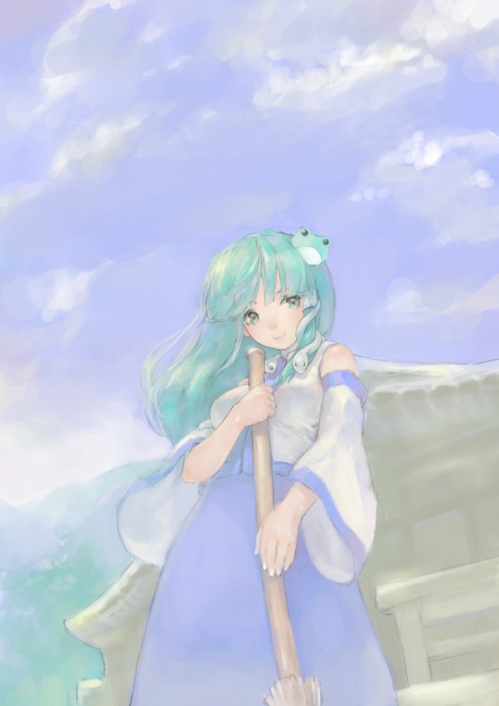 1girl architecture blue_sky broom clouds detached_sleeves east_asian_architecture frog_hair_ornament green_eyes green_hair hair_ornament hair_tubes kochiya_sanae long_hair long_skirt looking_at_viewer masuchi shrine skirt skirt_set sky smile snake_hair_ornament solo touhou wind