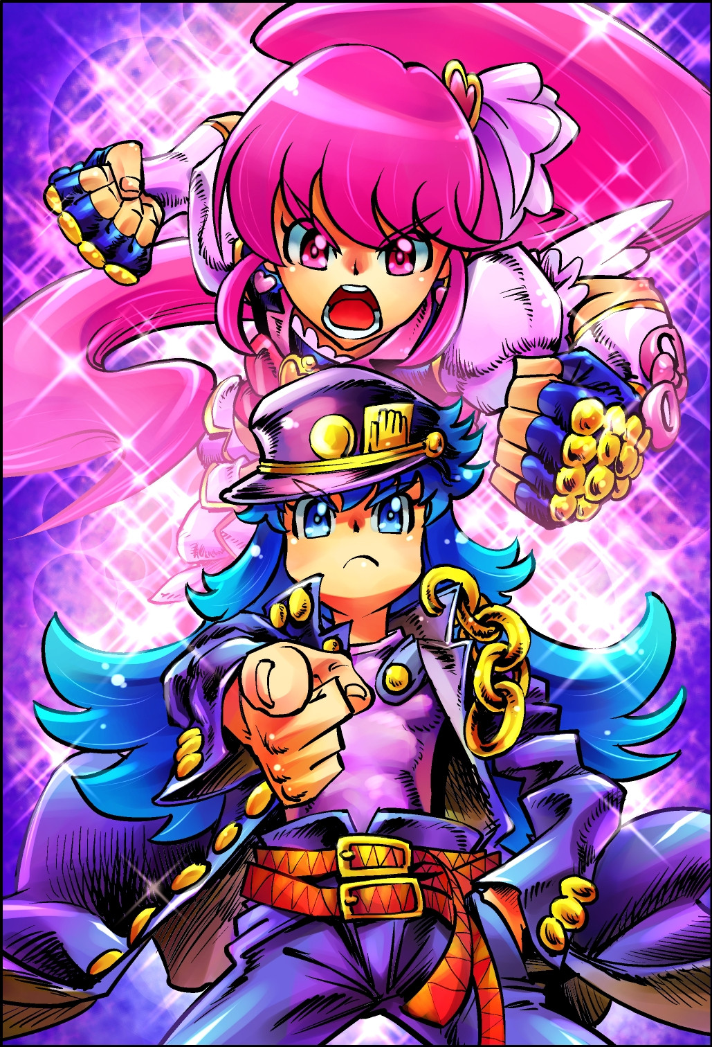 2girls aino_megumi artist_request belt blue_eyes blue_hair coat cosplay crossover cure_lovely cure_princess eyelashes fingerless_gloves gloves hair_ornament happinesscharge_precure! hat heart heart_hair_ornament highres jojo_no_kimyou_na_bouken jojo_pose kuujou_joutarou kuujou_joutarou_(cosplay) long_hair magical_girl multiple_girls open_mouth pink_eyes pink_hair ponytail pose precure puffy_sleeves serious shirayuki_hime source_request stand_(jojo) star_platinum star_platinum_(cosplay)