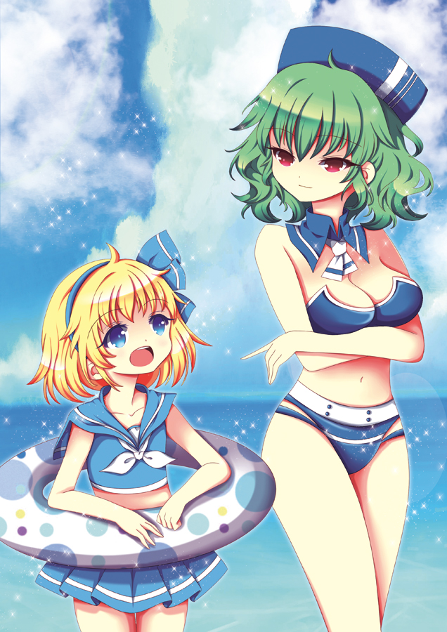 2girls age_difference alice_margatroid alice_margatroid_(pc-98) bare_shoulders bikini blonde_hair blue_eyes bow breasts cleavage clouds collarbone cowboy_shot detached_collar eye_contact green_hair hair_bow hairband height_difference innertube kazami_yuuka looking_at_another midriff multiple_girls navel neckerchief ocean red_eyes rimei school_uniform serafuku short_hair skirt sky sleeveless smile standing swimsuit thighs touhou touhou_(pc-98)