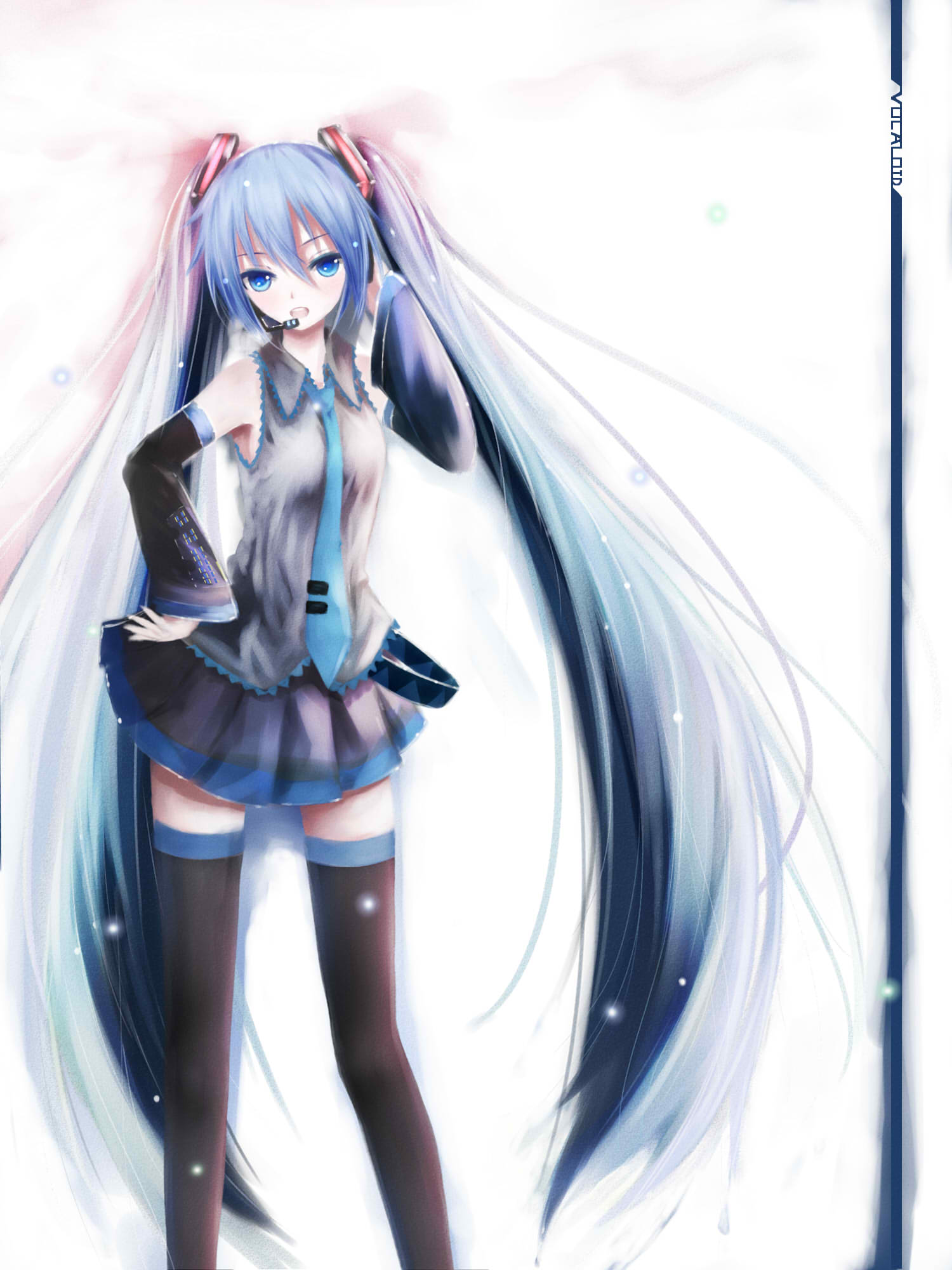 1girl black_legwear black_skirt blue_eyes blue_hair copyright_name detached_sleeves hand_on_hip hand_on_own_head hatsune_miku headphones highres long_hair looking_at_viewer microphone necktie open_mouth pleated_skirt shy_(953416992) skirt sleeveless sleeveless_shirt solo thigh-highs twintails very_long_hair vocaloid zettai_ryouiki