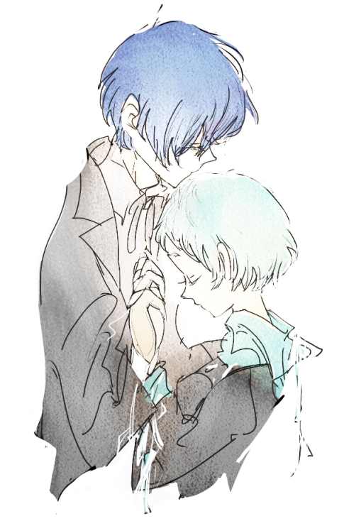 arisato_minato blue_hair closed_eyes couple holding_hands interlocked_fingers persona persona_3 profile school_uniform short_hair sutei_(giru) yamagishi_fuuka yuuki_makoto