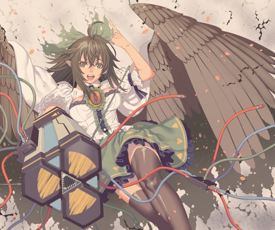 1girl aiming_at_viewer arm_cannon bird_wings black_legwear black_wings bow brown_eyes brown_hair cable cape hair_bow looking_at_viewer ogino_(oginogino) open_mouth puffy_short_sleeves puffy_sleeves radiation_symbol reiuji_utsuho shirt short_sleeves skirt smile solo thigh-highs third_eye touhou weapon wings zettai_ryouiki