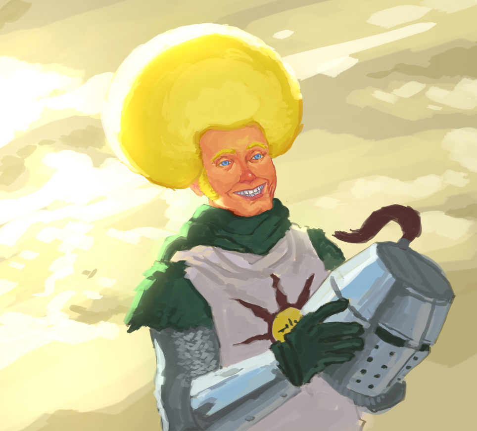 1boy afro armor blonde_hair blue_eyes dark_souls gloves headwear_removed helmet helmet_removed male parted_lips sideburns smile solaire_of_astora solo souls_(from_software) vince_price