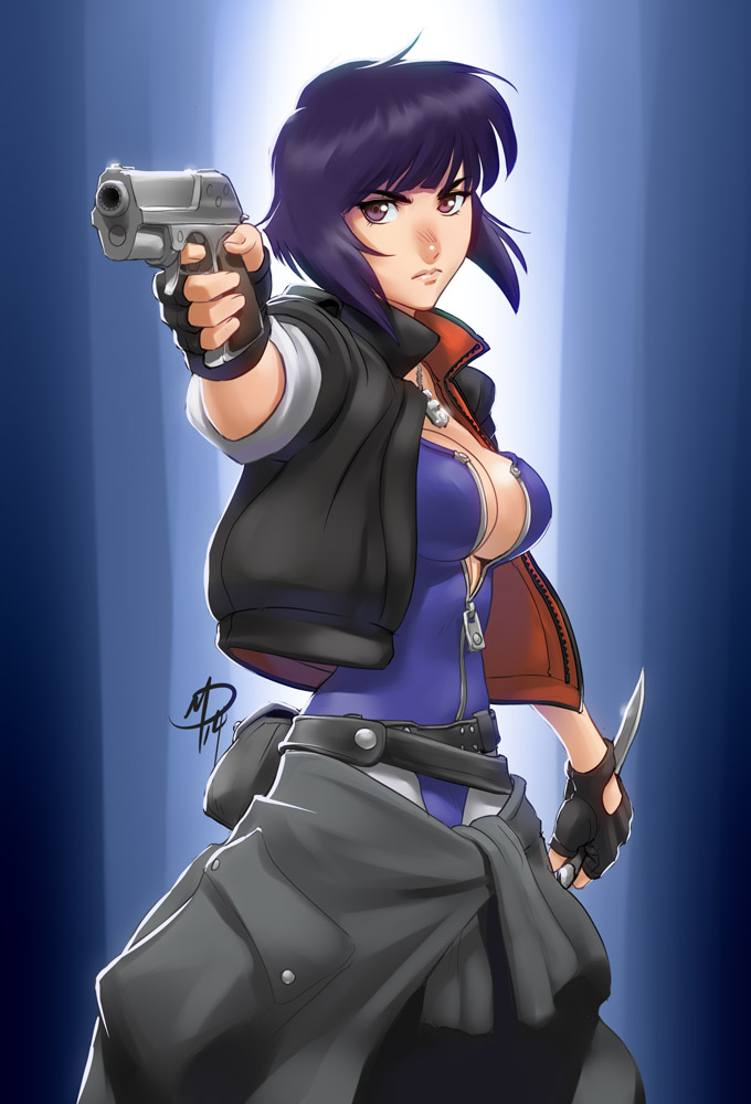 1girl aiming breasts clothes_around_waist daniel_macgregor dog_tags dual_wielding fingerless_gloves ghost_in_the_shell gloves gun kusanagi_motoko large_breasts leotard no_bra open_clothes open_jacket pistol purple_hair red_eyes reverse_grip revision short_hair sideboob sleeves_rolled_up solo unzipped weapon