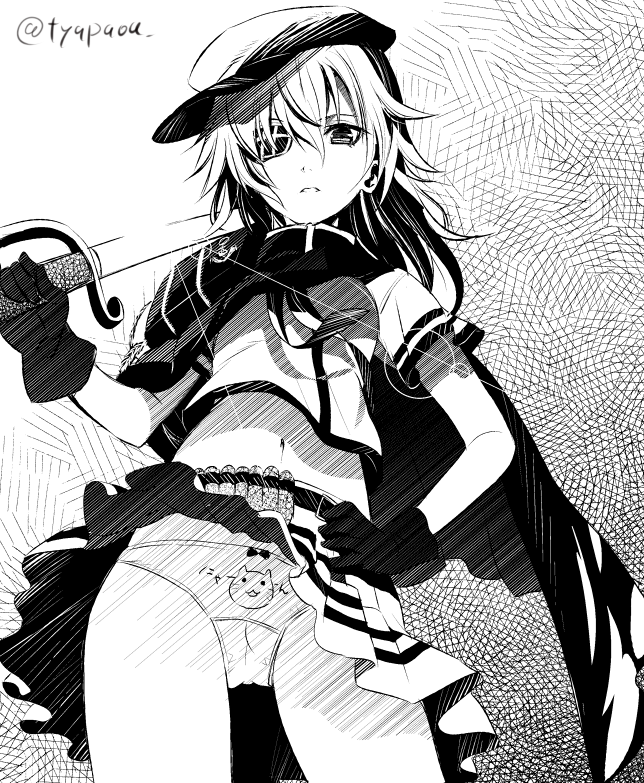 1girl cape cat_panties cat_print eyepatch from_below gloves hat kantai_collection kiso_(kantai_collection) monochrome natsupa over_shoulder panties pantyshot personification print_panties solo standing sword sword_over_shoulder twitter_username underwear weapon weapon_over_shoulder