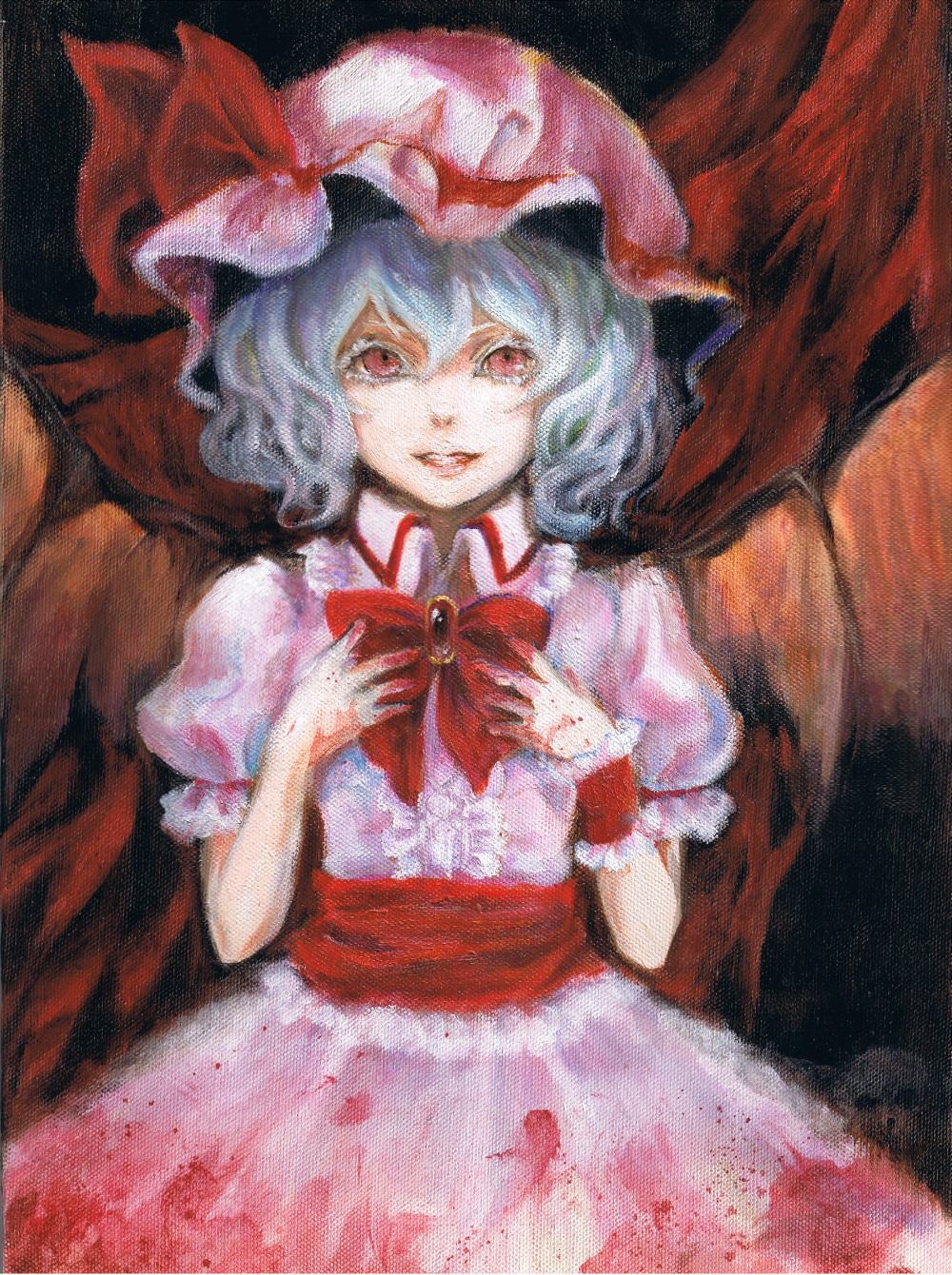 1girl ascot bat_wings black_background blood bloody_clothes bloody_hands blue_hair brooch colored_eyelashes grin hands_on_own_chest hat hat_ribbon highres jewelry johnalay lips looking_at_viewer mob_cap oil_painting_(medium) puffy_short_sleeves puffy_sleeves red_eyes remilia_scarlet ribbon sash short_hair short_sleeves skirt skirt_set smile solo touhou traditional_media wings wrist_cuffs
