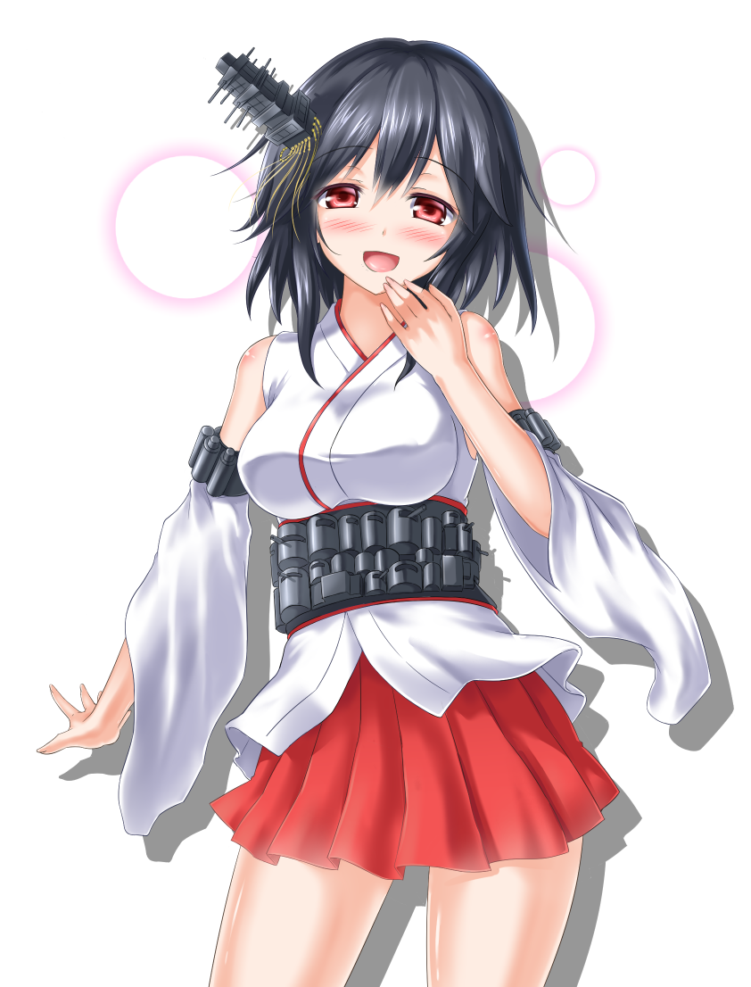 bare_shoulders black_hair breasts cannon detached_sleeves hair_ornament japanese_clothes kantai_collection kyamu_(qqea92z9n) long_hair nontraditional_miko obi open_mouth personification red_eyes sash short_hair skirt smile yamashiro_(kantai_collection)