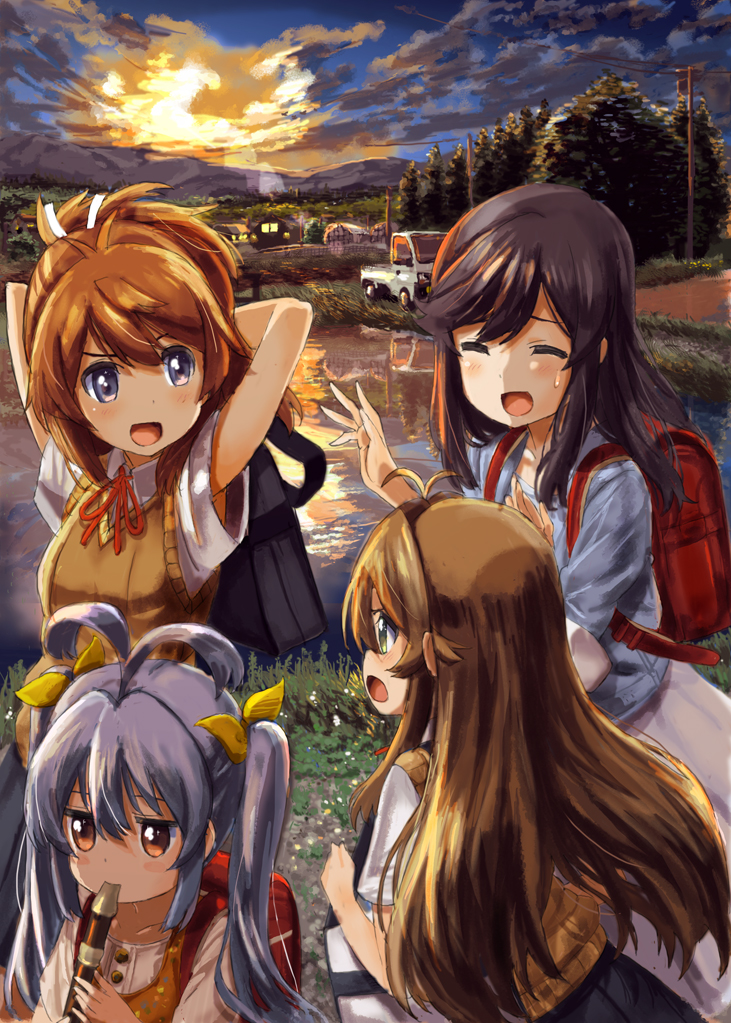 antenna_hair arms_up backpack bag black_hair brown_eyes brown_hair car hair_ribbon ichijou_hotaru instrument koshigaya_komari koshigaya_natsumi long_hair miyauchi_renge motor_vehicle multiple_girls non_non_biyori purple_hair randoseru recorder red_eyes ribbon scenery school_bag smile sunset sweatdrop sweater_vest tetsujin_momoko twintails vehicle walking