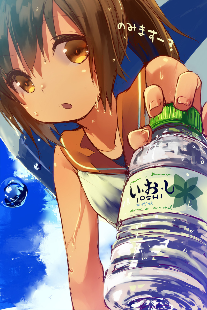 1girl bare_shoulders blush bottle brown_eyes brown_hair dripping highres i-401_(kantai_collection) kantai_collection long_hair looking_at_viewer miz-capes one-piece_swimsuit open_mouth personification ponytail sailor_collar school_swimsuit school_uniform short_ponytail solo sweat sweating swimsuit tan water wet