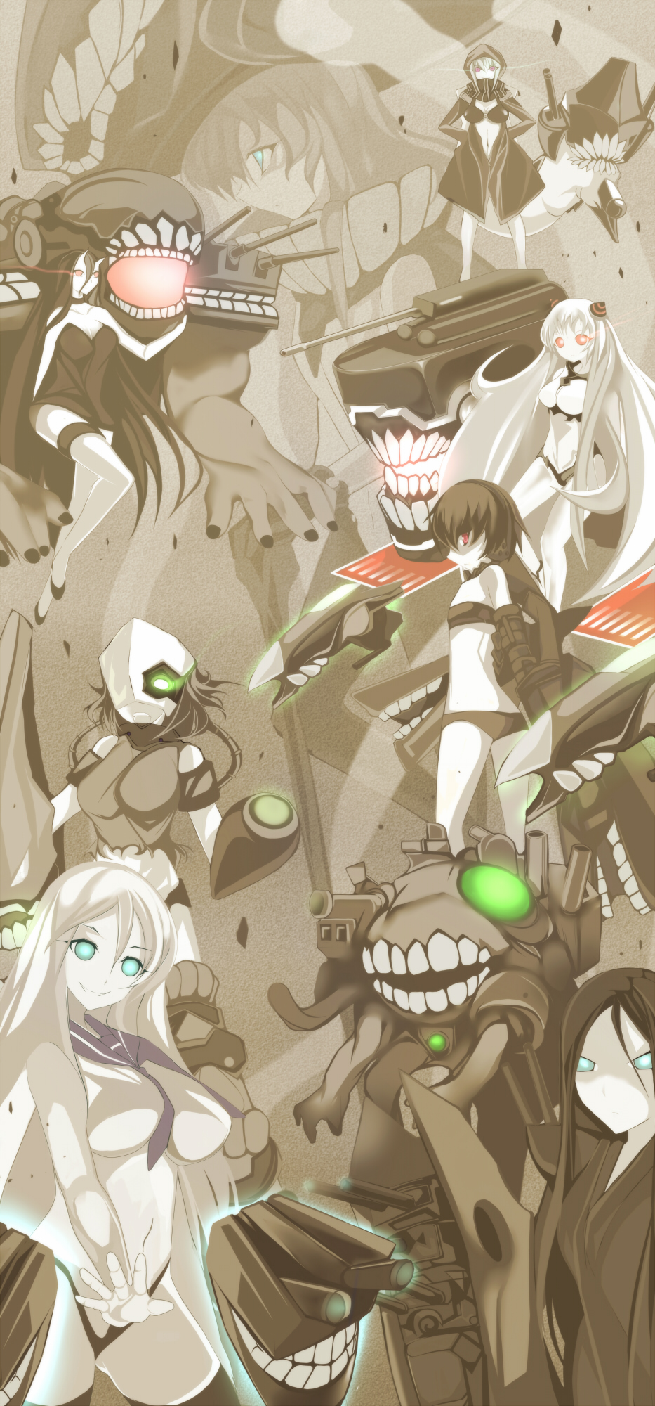 6+girls airfield_hime aqua_eyes battleship-symbiotic_hime black_hair bodysuit chi-class_torpedo_cruiser glowing glowing_eyes green_eyes highres kantai_collection long_hair marionette_(excle) multiple_girls nu-class_light_aircraft_carrier pale_skin personification re-class_battleship red_eyes ri-class_heavy_cruiser ru-class_battleship shinkaisei-kan short_hair silver_hair ta-class_battleship teeth thigh-highs wo-class_aircraft_carrier