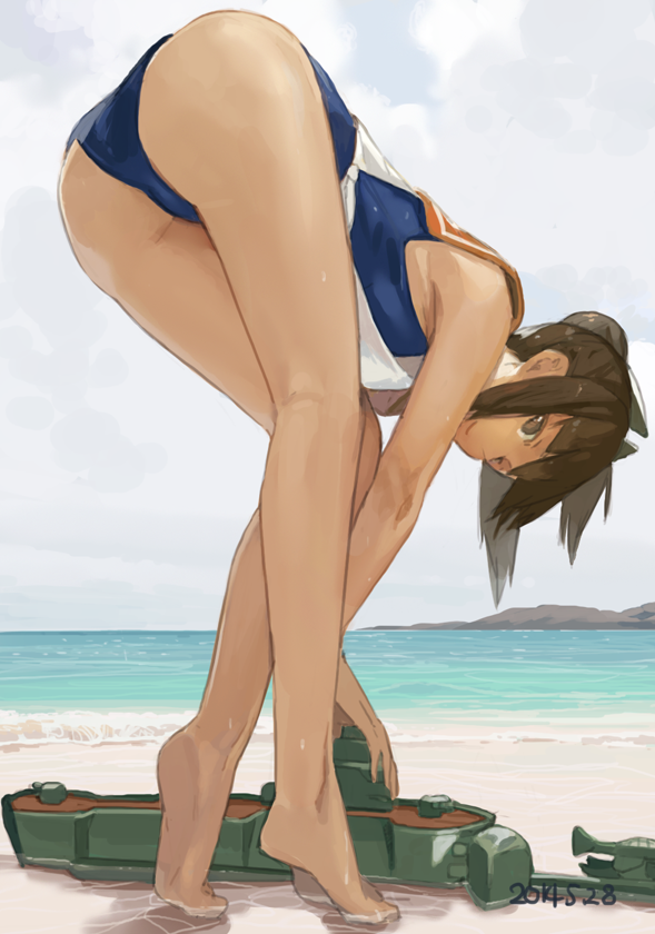 1girl ass barefoot bent_over brown_eyes brown_hair i-401_(kantai_collection) kantai_collection legs looking_at_viewer personification short_hair solo swimsuit toro