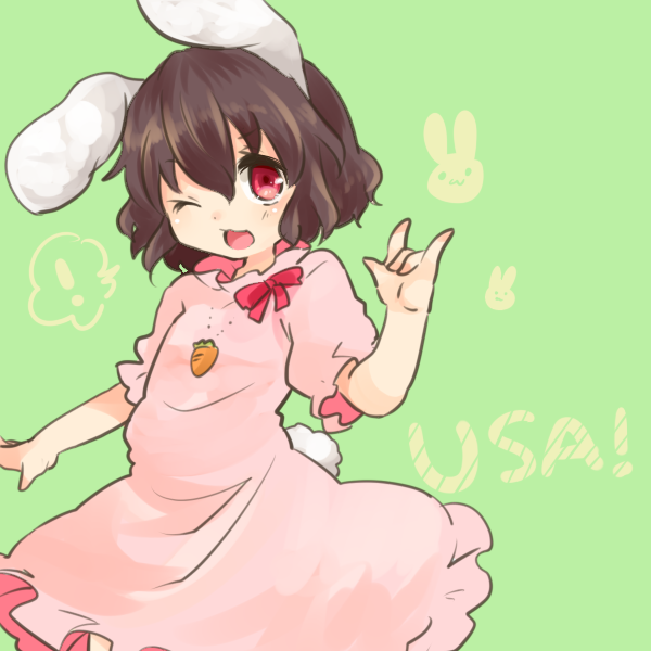 1girl animal_ears brown_hair inaba_tewi jewelry one_eye_closed open_mouth pendant rabbit_ears red_eyes short_hair solo takamura touhou wink