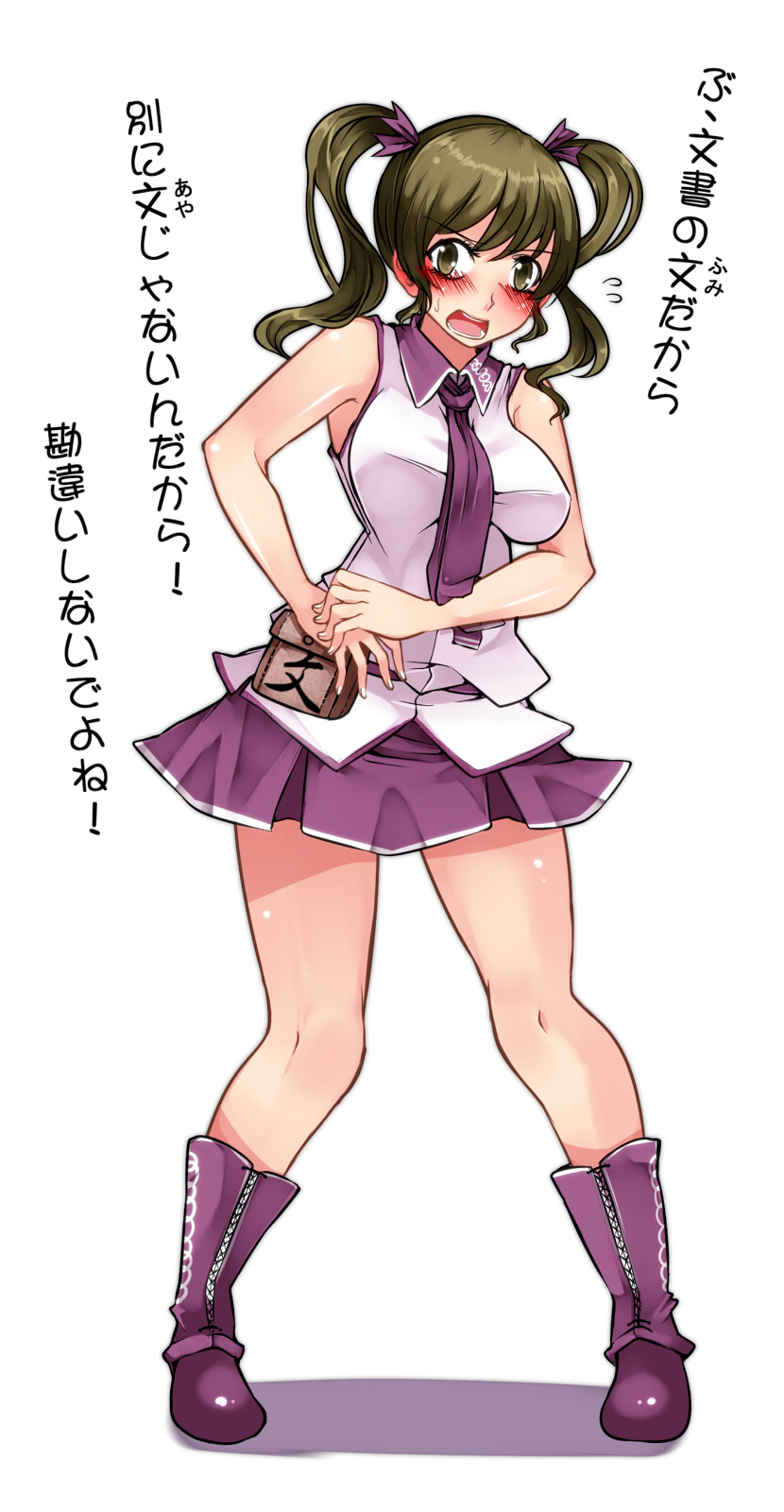 1girl adapted_costume aoshima bag bare_arms bare_shoulders blush breasts brown_eyes brown_hair flying_sweatdrops highres himekaidou_hatate large_breasts looking_at_viewer necktie open_mouth pigeon-toed skirt sleeveless sleeveless_shirt solo touhou translation_request twintails