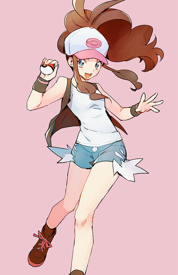 1girl bare_legs baseball_cap blue_eyes boots brown_hair denim denim_shorts hat high_ponytail holding holding_poke_ball kurochiroko long_hair looking_at_viewer open_mouth pink_background poke_ball pokemon pokemon_(game) pokemon_bw ponytail shirt shorts sleeveless solo touko_(pokemon) vest walking white_shirt wristband