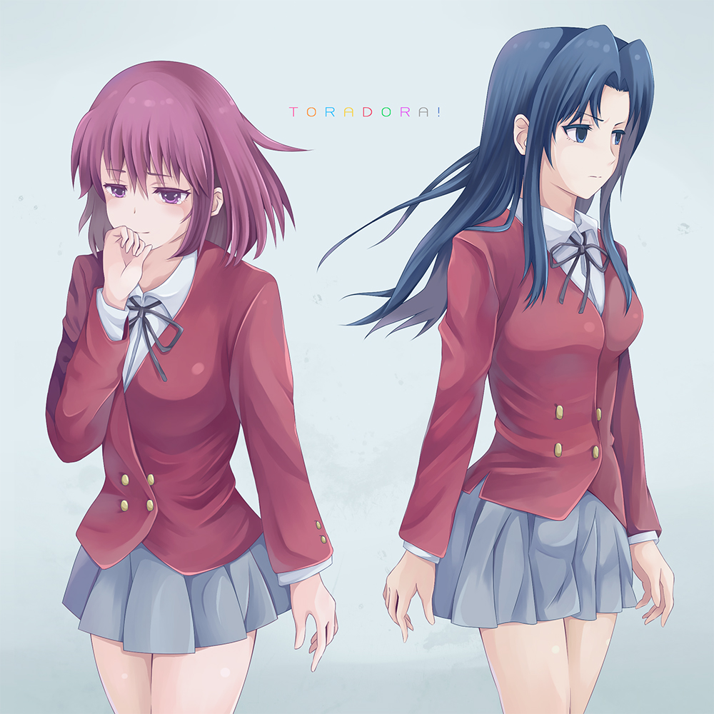 2girls blue_eyes blue_hair kawashima_ami kushieda_minori long_hair multiple_girls n-plus red_eyes redhead school_uniform short_hair toradora!