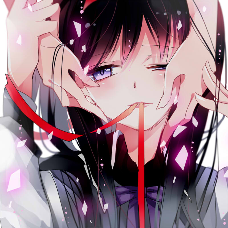 1girl akemi_homura ayumaru_(art_of_life) black_hair hands_on_another's_cheeks hands_on_another's_face long_hair magical_girl mahou_shoujo_madoka_magica mouth_hold red_ribbon ribbon simple_background smile violet_eyes white_background