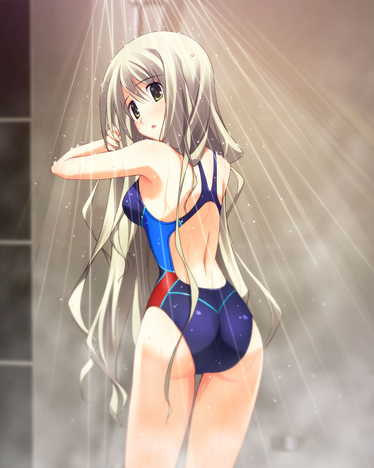 1girl 5pb. armpits ass back bare_shoulders blonde_hair chaos;head chaos;head_love_chu_chu! competition_swimsuit highres kusunoki_yua long_hair looking_at_viewer looking_back matsuo_yukihiro nitroplus official_art one-piece_swimsuit open_mouth shower solo standing swimsuit very_long_hair yellow_eyes