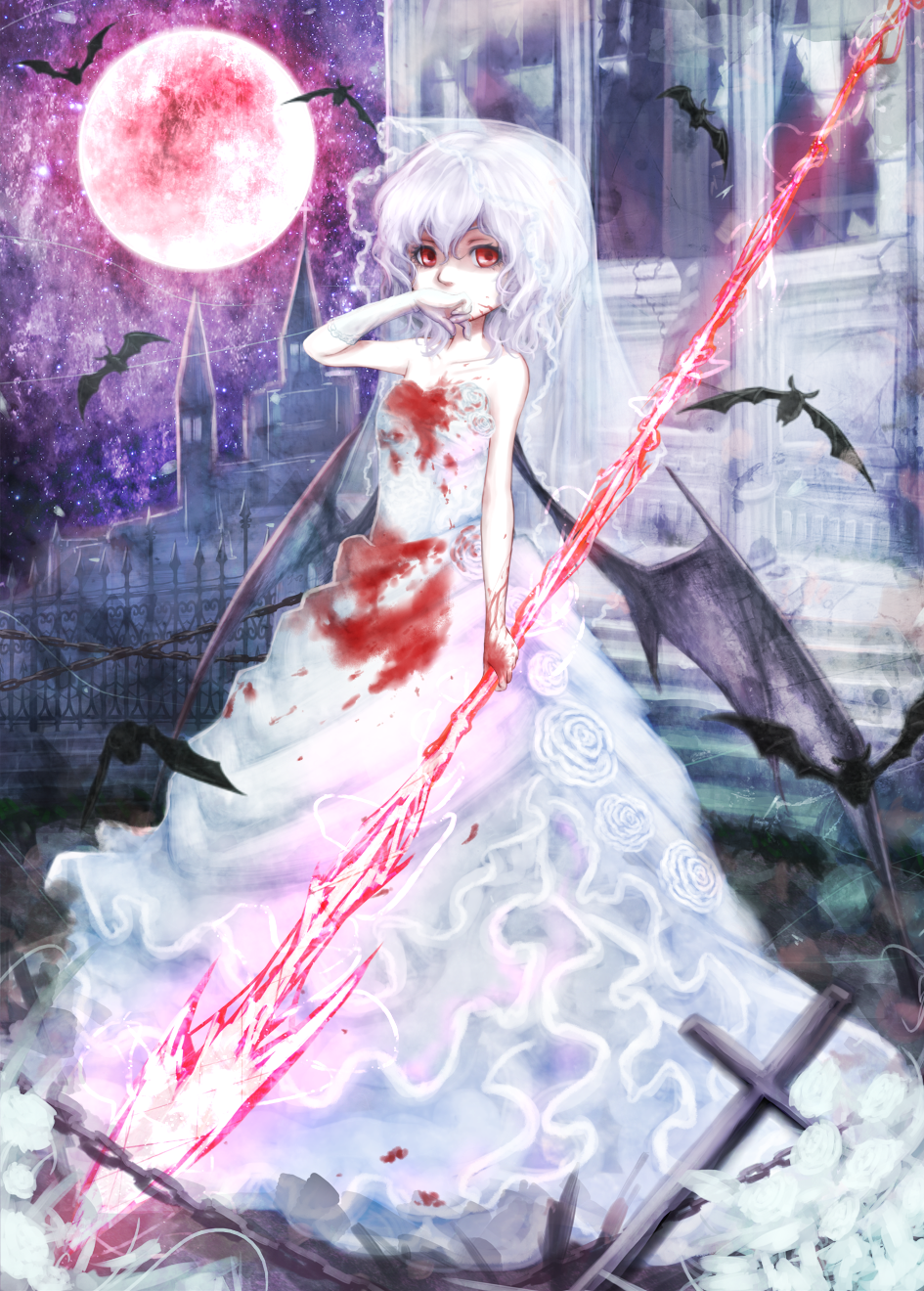 1girl bare_arms bare_shoulders bat bat_wings blood bloody_dress bloody_hands bridal_veil chain dress full_moon highres hoshibuchi looking_at_viewer moon red_eyes red_moon remilia_scarlet scarlet_devil_mansion silver_hair sky solo spear_the_gungnir strapless_dress touhou veil wedding_dress white_dress wings