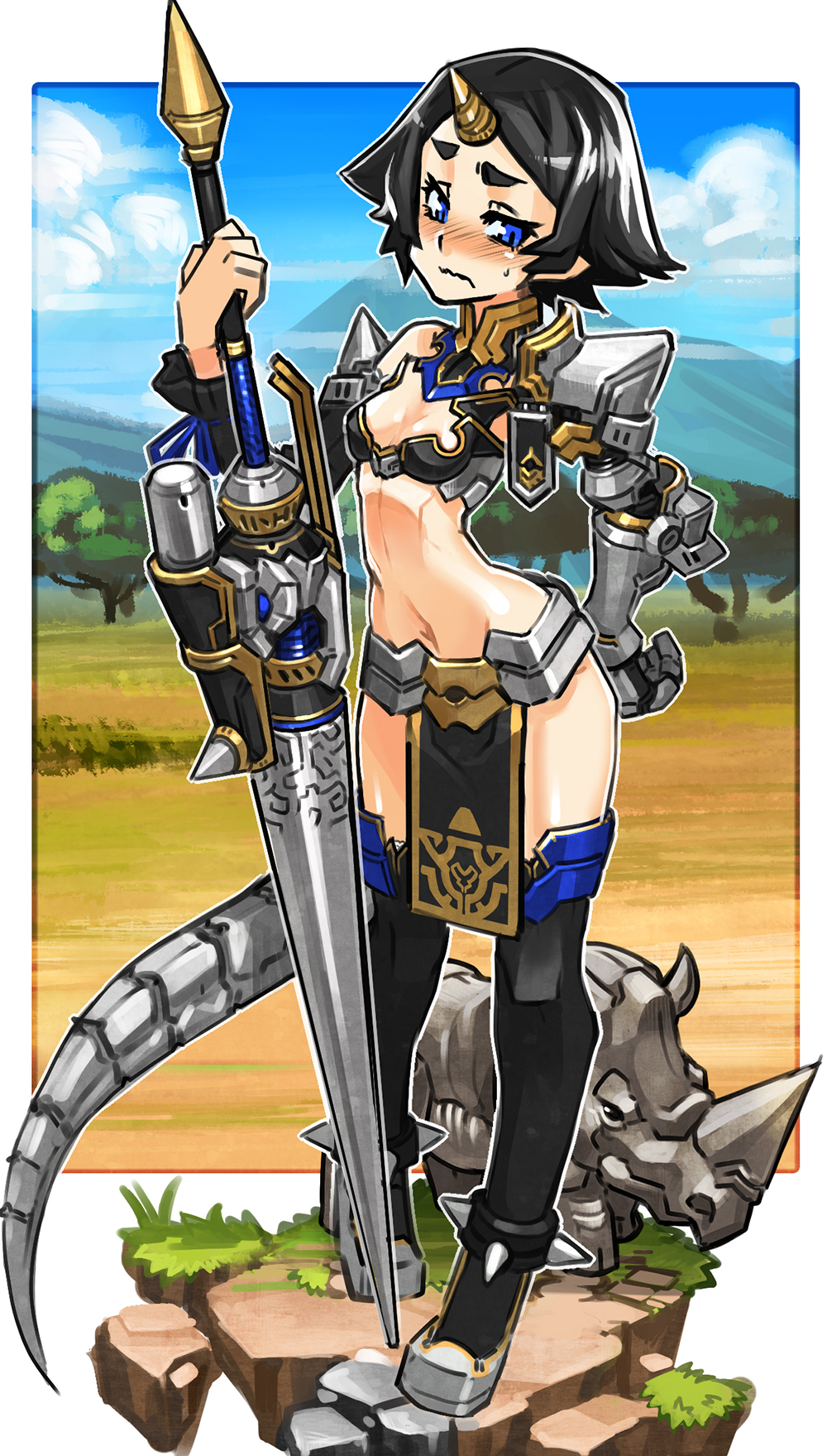 1girl alternate_costume anklet black_hair black_legwear blue_eyes blush cleavage_cutout detached_sleeves embarrassed eyebrows gauntlets gettydaze highres horn jewelry lance loincloth midriff mismatched_sleeves navel original pauldrons personification planted_weapon polearm revealing_clothes rhinoceros short_hair single_glove small_breasts solo spikes sweatdrop tail thigh-highs weapon