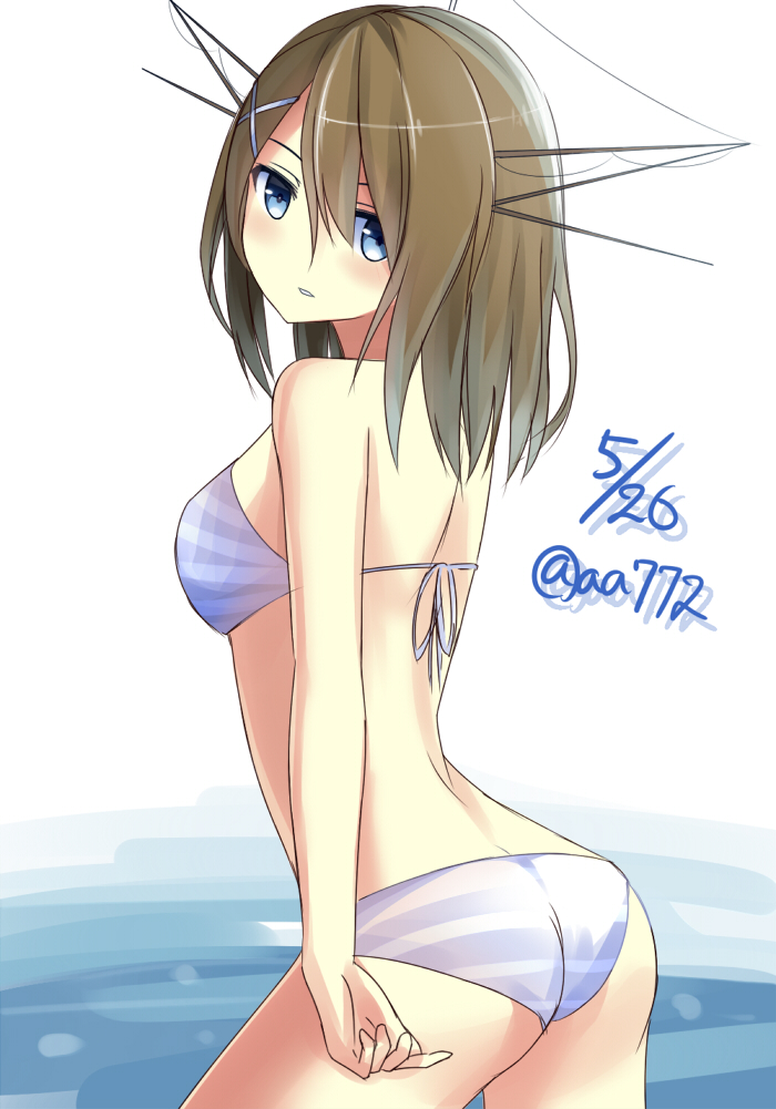 1girl aa_(sin2324) ass back bikini blue_eyes breasts brown_hair kantai_collection maya_(kantai_collection) personification simple_background solo swimsuit twitter_username water