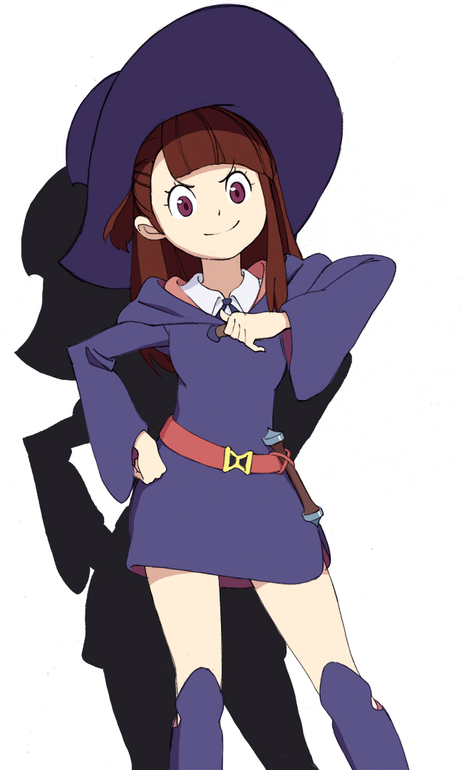 1990jet 1girl akko_kagari boots brown_hair dress hat little_witch_academia long_hair pointing pointing_at_self shadow smile solo violet_eyes witch_hat