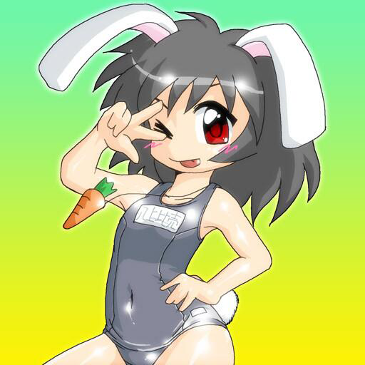 1girl :p animal_ears black_hair blush carrot covered_navel hand_on_hip inaba_tewi one-piece_swimsuit rabbit_ears red_eyes school_swimsuit shiny solo swimsuit tongue touhou whistle winn