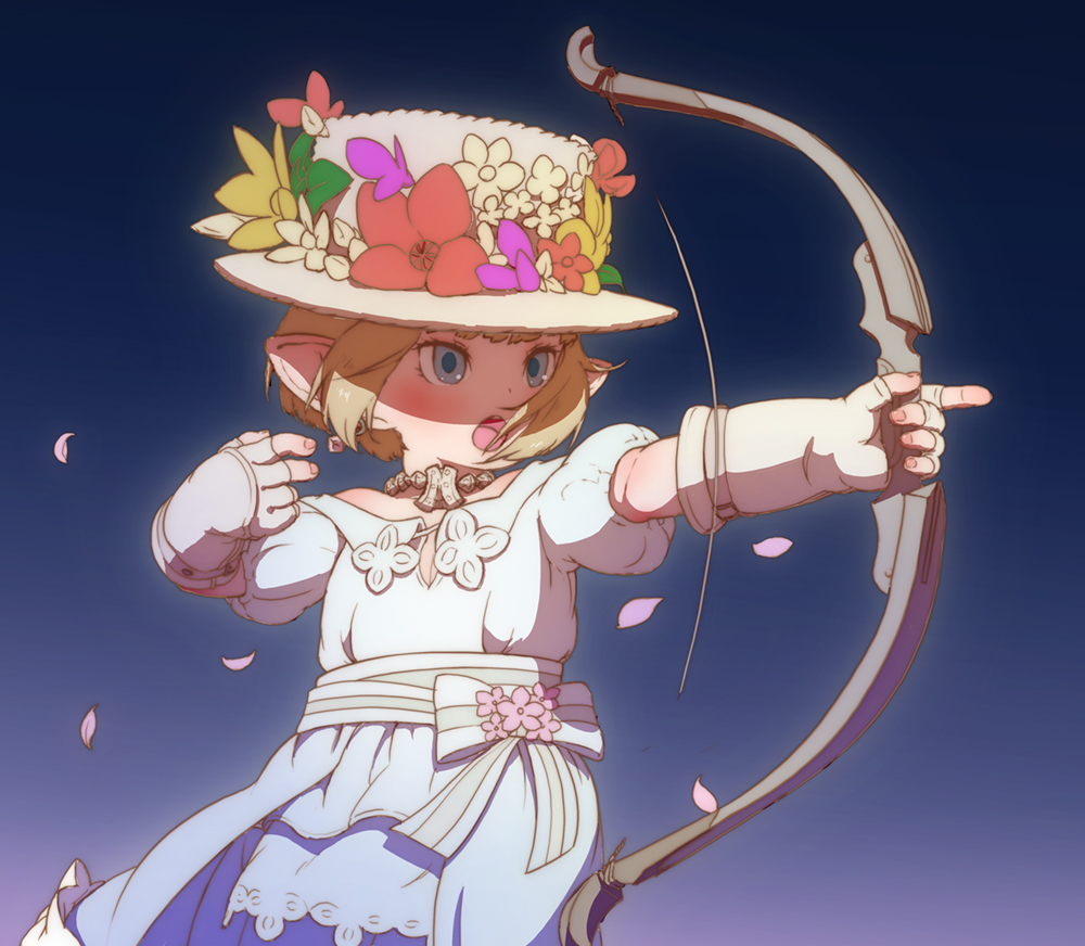 1girl bare_shoulders blonde_hair blue_eyes bow_(weapon) dress earrings feral_lemma final_fantasy final_fantasy_xiv fingerless_gloves flower gloves hat jewelry lalafell nail_polish necklace open_mouth petals pointy_ears puffy_short_sleeves puffy_sleeves short_hair short_sleeves straw_hat weapon