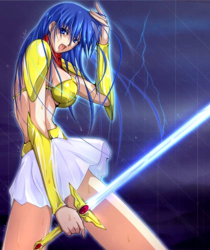 1girl armor asou_yuuko bikini_armor blue_hair lowres mugen_senshi_valis rain sword telnet valis weapon