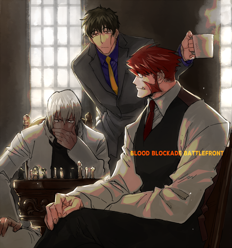 3boys black_hair board_game chair chess closed_mouth collar copyright_name cup fang formal glasses holding holding_cup housui_(g3hopes) kekkai_sensen klaus_von_reinhertz long_sleeves looking_at_another multiple_boys red_neckwear redhead short_hair sitting standing steven_a._starphase suit white_hair yellow_neckwear zap_renfro