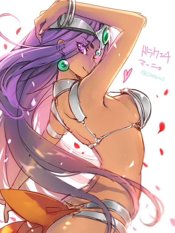 1girl arched_back arm_up armor artist_name bangle bikini_armor bracelet breasts creayus dark_skin dragon_quest dragon_quest_iv earrings green_eyes headgear heart jewelry long_hair looking_at_viewer looking_back manya petals purple_hair rough sideboob simple_background smile solo very_long_hair white_background