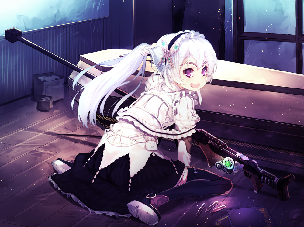 1girl boots butterfly_hair_ornament chaika_trabant dress frills from_behind gun hair_ornament hairband hitsugi_no_chaika lolita_hairband long_hair looking_back ponytail puffy_sleeves ribbon rifle silver_hair sitting sniper_rifle solo subachi thigh-highs thigh_boots violet_eyes wariza weapon