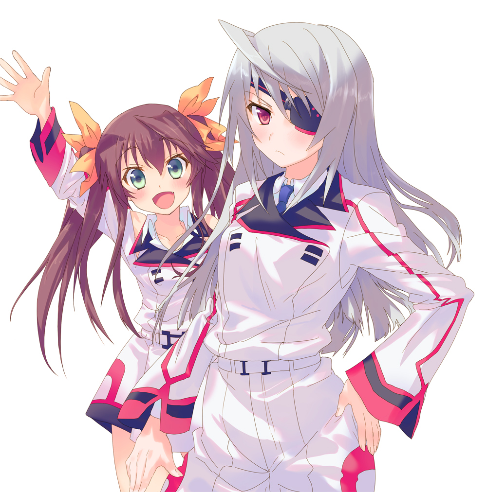 2girls arms_up blush brown_hair eyepatch green_eyes hair_ribbon hand_on_hip huang_lingyin infinite_stratos laura_bodewig long_hair looking_at_viewer multiple_girls open_mouth red_eyes ribbon school_uniform silver_hair simple_background twintails white_background yo_yuma