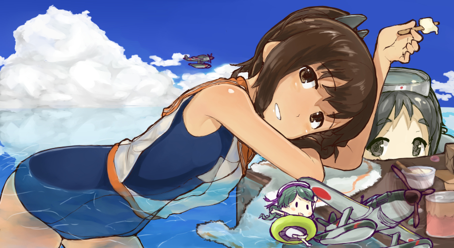 2girls aircraft black_hair brown_hair dark_skin fairy_(kantai_collection) food goggles goggles_on_head grey_eyes i-401_(kantai_collection) ice_cream kantai_collection maru-yu_(kantai_collection) multiple_girls swimsuit yellow_eyes